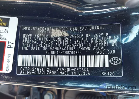 2017 Toyota Camry Se from USA, damaged, VIN 4T1BF1FK3HU760865